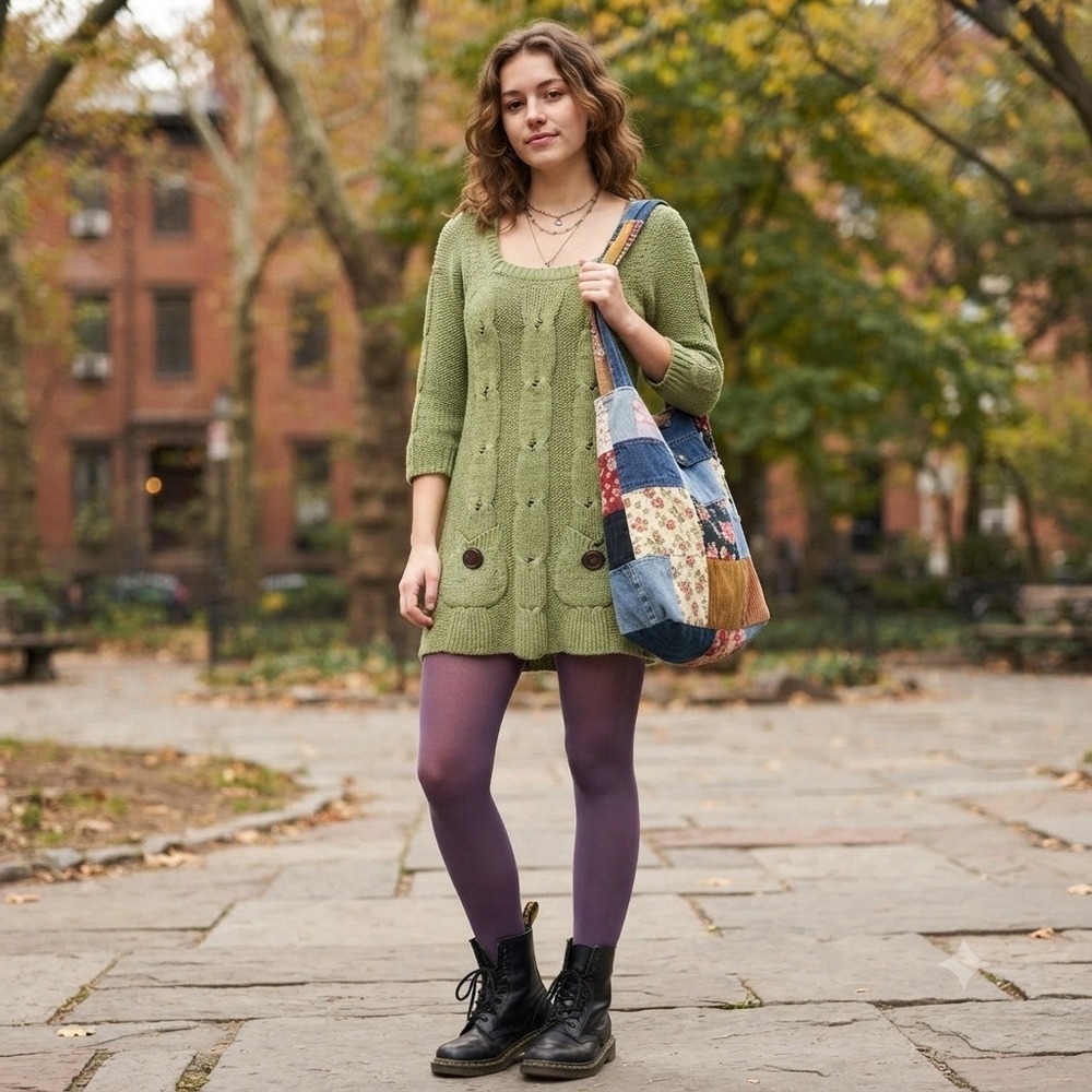 Y2k Glimmer Women's Medium Green Cable Knit Tunic Sweater Dress 3/4 Sleeve boho
